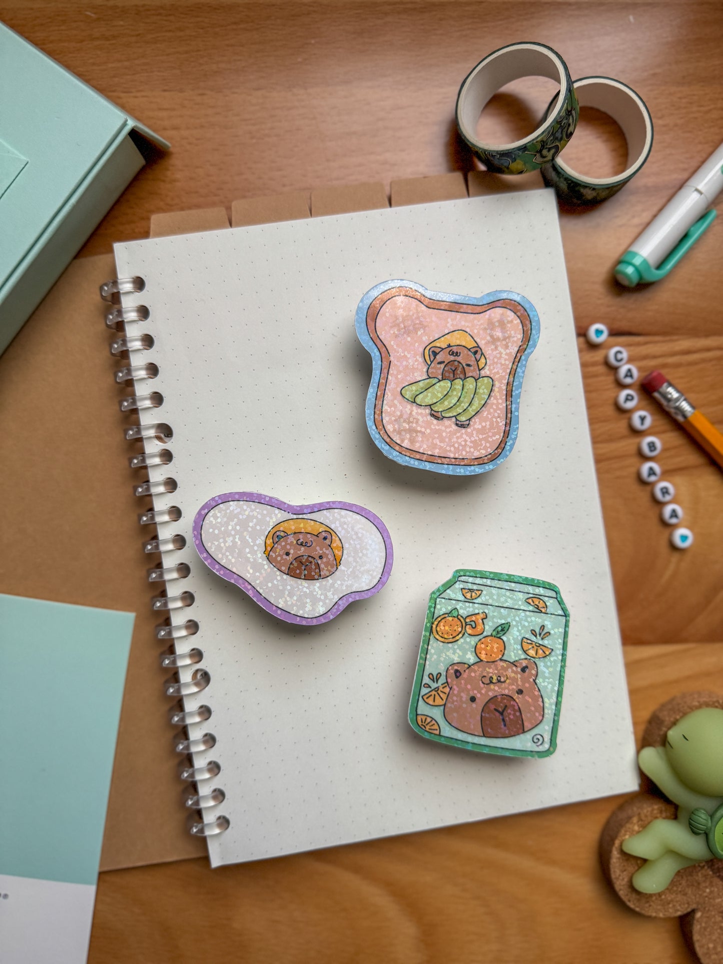 Capybara Breakfast Stickers, Set of 3, Holographic Stickers